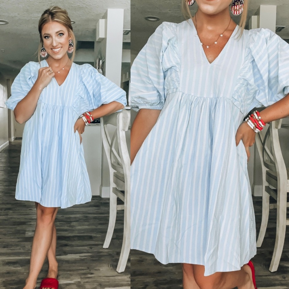 Blue Striped V-Neck Dress